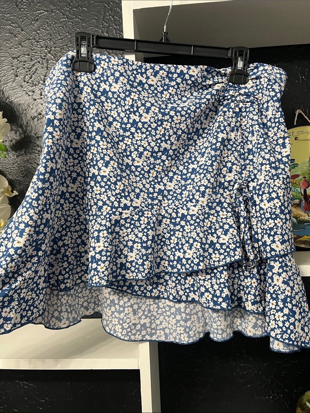 Blue and White Floral High-Low Ruffle Mini Skirt
